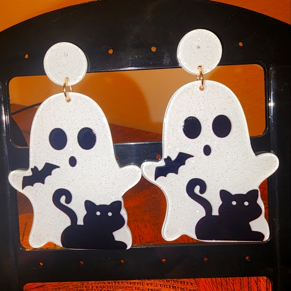 Ghost and Cat Glitter Halloween Earrings
